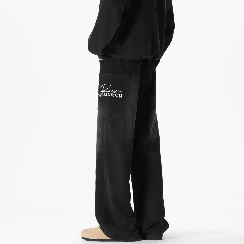 Qnxeey Knitted Sports Pants Unisex Washed Black-6