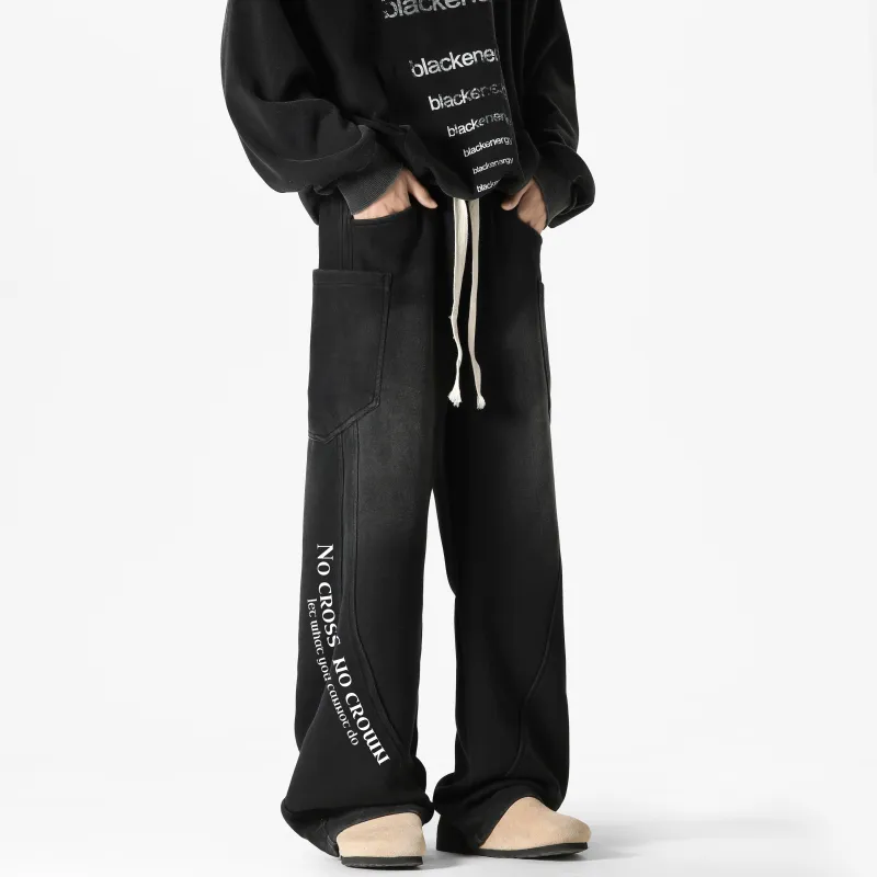 Qnxeey Knitted Sports Pants Unisex Washed Black-5