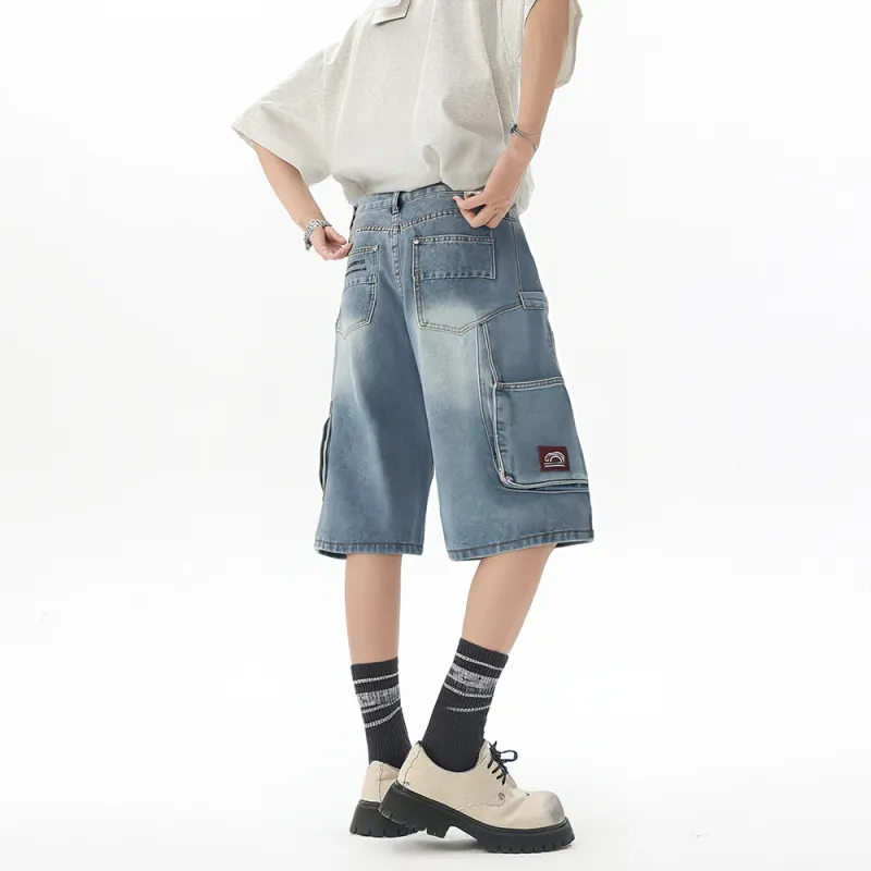 Qnxeey Denim Shorts Unisex Blue-7