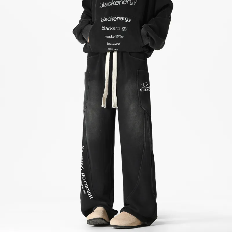Qnxeey Knitted Sports Pants Unisex Washed Black-3