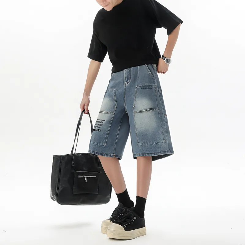 Qnxeey Denim Shorts Unisex Blue-5