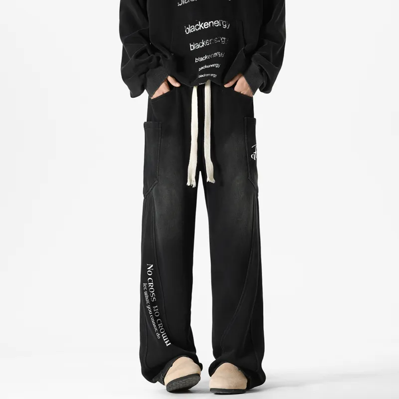Qnxeey Knitted Sports Pants Unisex Washed Black-2
