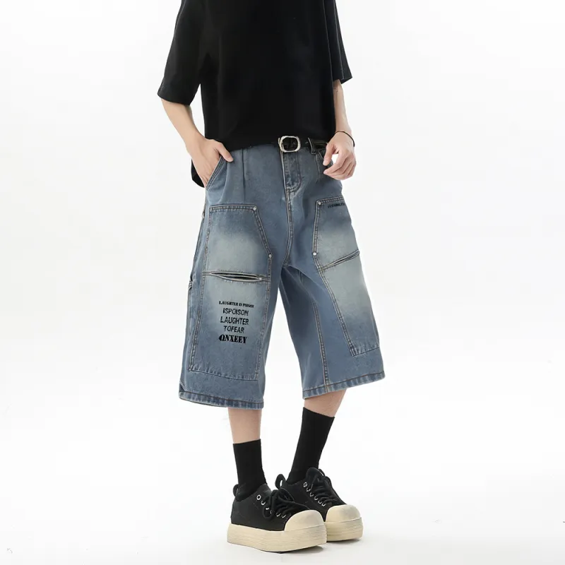 Qnxeey Denim Shorts Unisex Blue-4