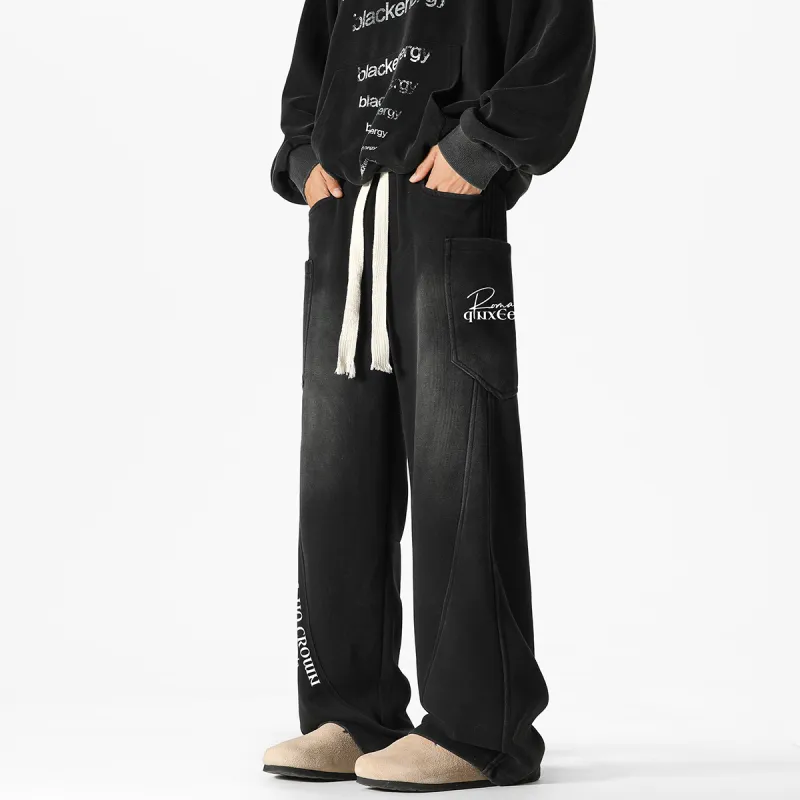 Qnxeey Knitted Sports Pants Unisex Washed Black-4