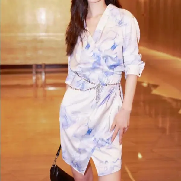 GIMING Short Sleeved Dress Women's Blue Print-2