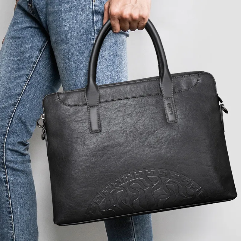 COW Leather Texture, Microfiber Synthetic Leather Portable Briefcase Tubas Men's Black-3