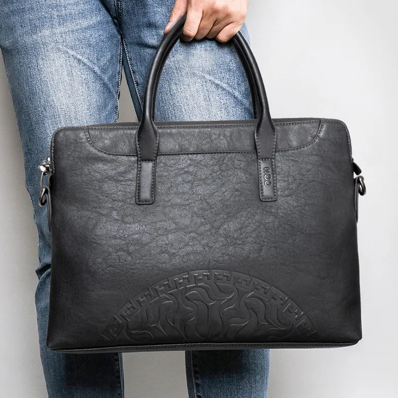 COW Leather Texture, Microfiber Synthetic Leather Portable Briefcase Tubas Men's Black-4