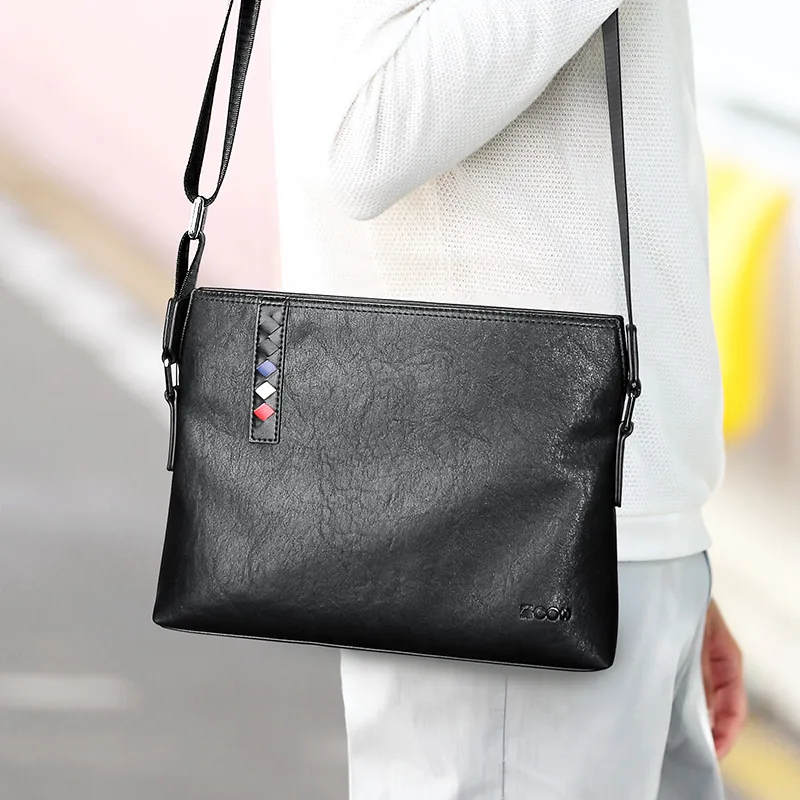 COW Microfiber Synthetic Leather Shoulder Bag Large Size Men's Black-5