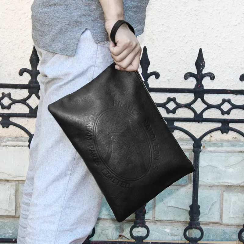 COW Top Grain Cow Leather Clutch Tubas Men's Black-6