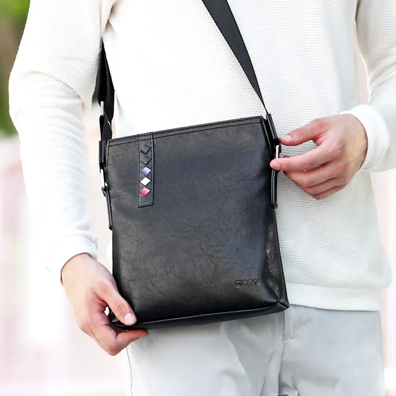 COW Microfiber Synthetic Leather Shoulder Bag Large Size Men's Black-11