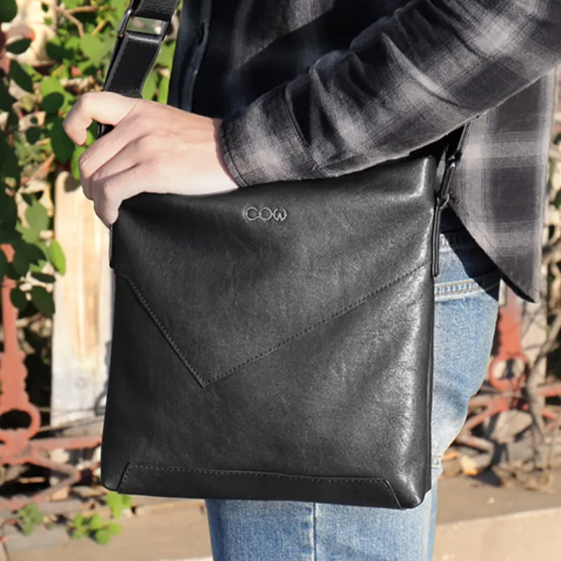 COW Microfiber Synthetic Leather Crossbody Bag Shoulder Bag Large Size Men's Black-3