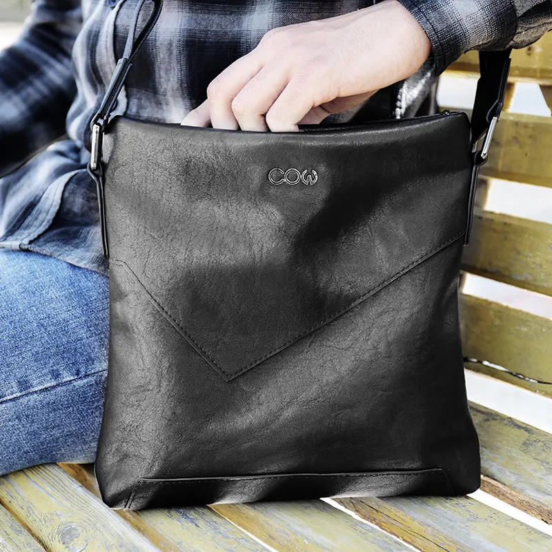 COW Microfiber Synthetic Leather Crossbody Bag Shoulder Bag Large Size Men's Black-4