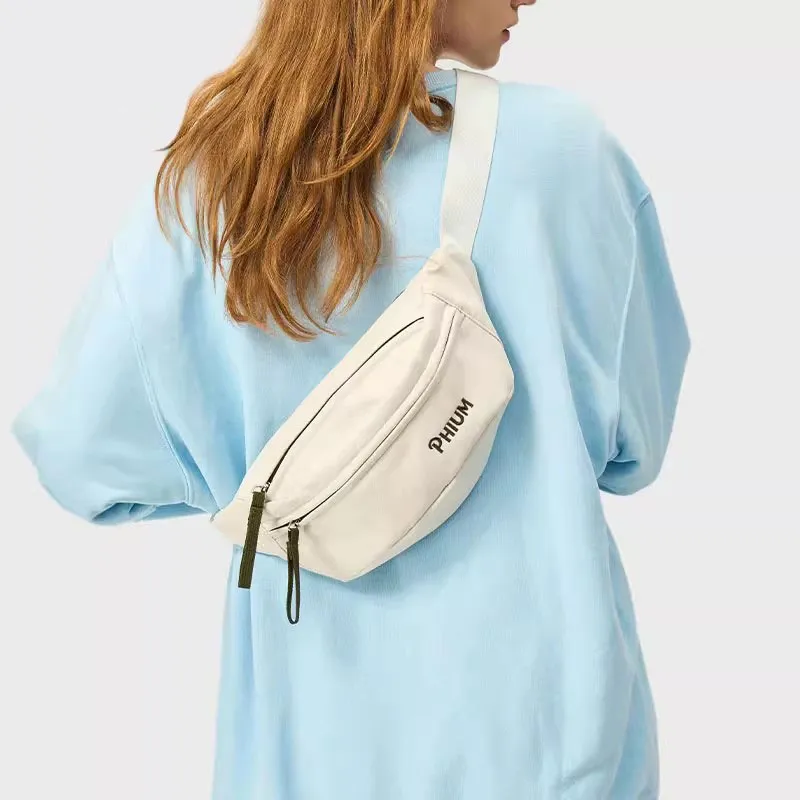 POY Nylon Fabric Crossbody Bag, Dumpling Bag, Sports Bag, Fanny Pack, Sling Bag Medium Size Unisex Ecru-12