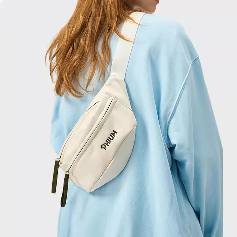 POY Nylon Fabric Crossbody Bag, Dumpling Bag, Sports Bag, Fanny Pack, Sling Bag Medium Size Unisex Ecru-9