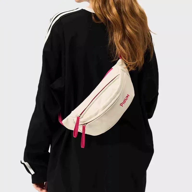 POY Nylon Fabric Crossbody Bag, Dumpling Bag, Sports Bag, Fanny Pack, Sling Bag Medium Size Unisex Ecru-4