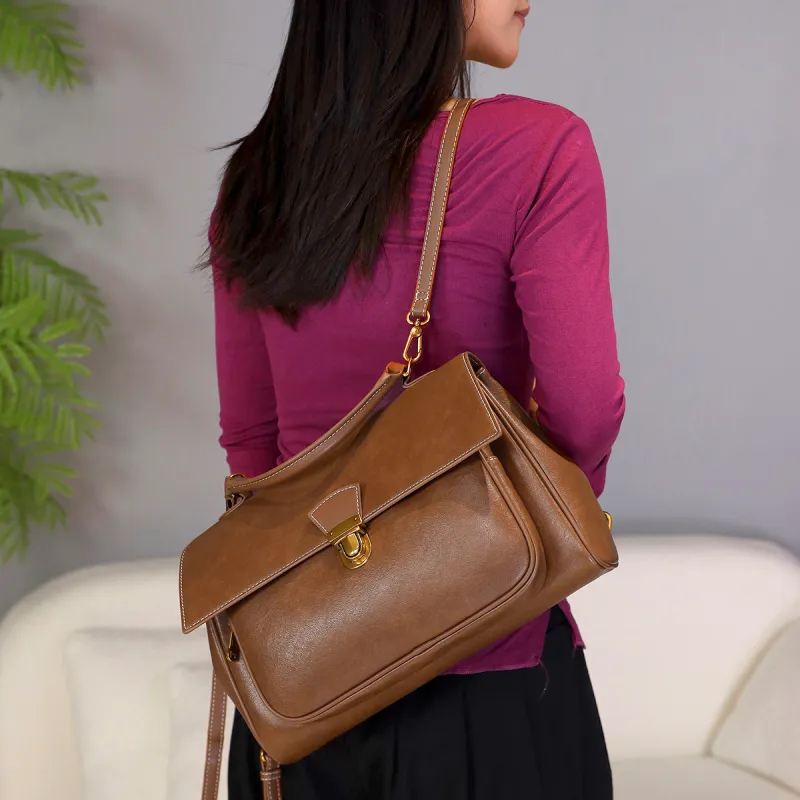 Mulinsen Polyurethane PU Leather Backpack Unisex Brown-2