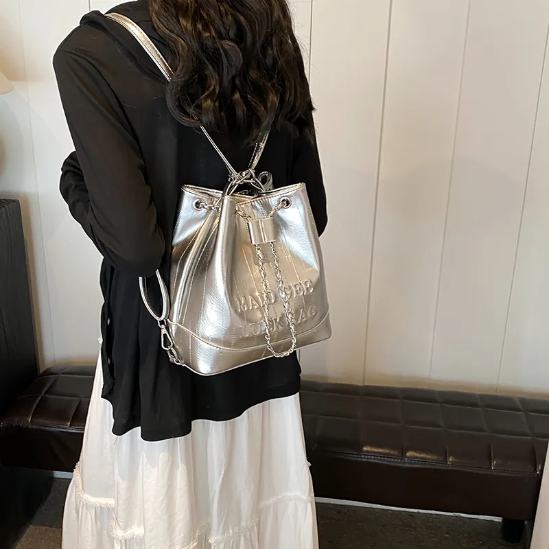 Worm's Home PU One Shoulder Crossbody Backpack Handbag Regular Women's White/Silver/Black-10