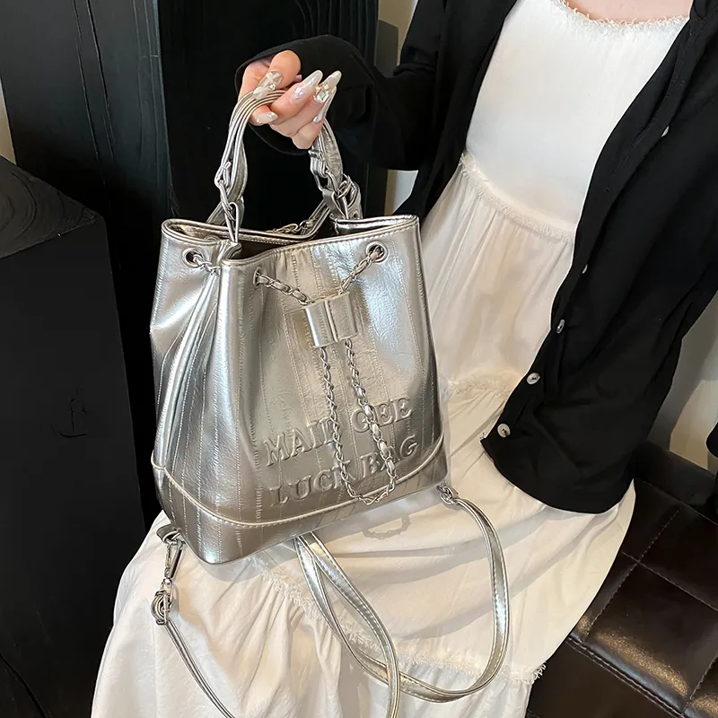 Worm's Home PU One Shoulder Crossbody Backpack Handbag Regular Women's White/Silver/Black-9