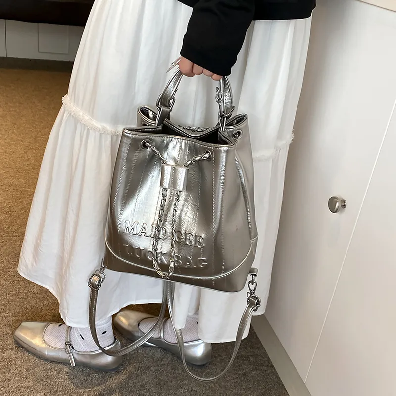 Worm's Home PU One Shoulder Crossbody Backpack Handbag Regular Women's White/Silver/Black-8