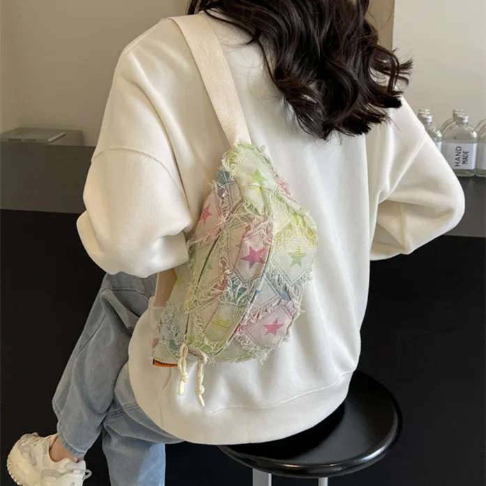 Worm's Home Canvas Bag, One Shoulder Portable Sling Bag, Crossbody Bag Regular Women's Small Plaid/Square/Stars-13