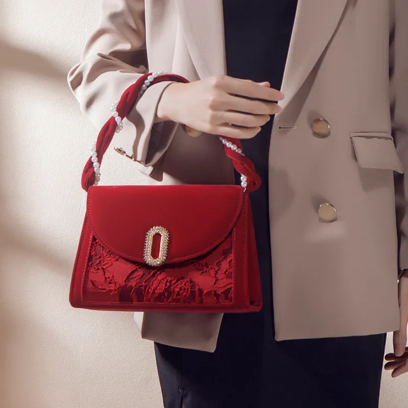 Worm's Home Velour Handbags Shoulder Bag Crossbody Bag Women's Red-1