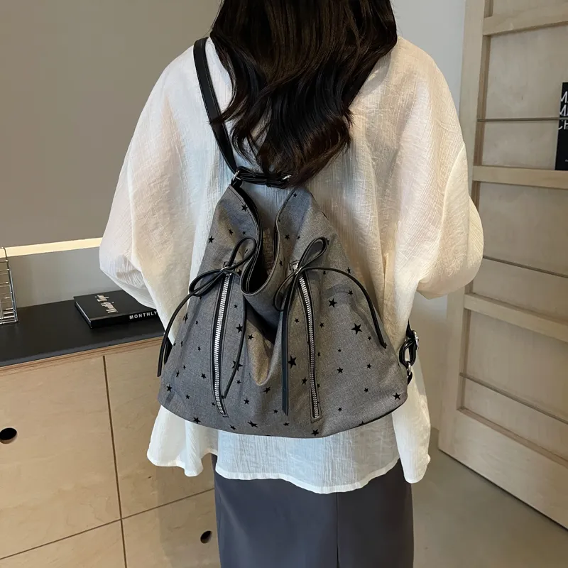Worm's Home Nylon Fabric Backpack, Crossbody Bag, Shoulder Bag Women's Stars, Polka Dot, Heart, Bowknot-3