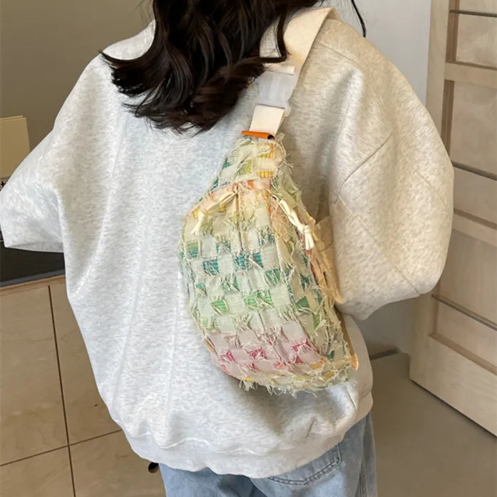 Worm's Home Canvas Bag, One Shoulder Portable Sling Bag, Crossbody Bag Regular Women's Small Plaid/Square/Stars-8