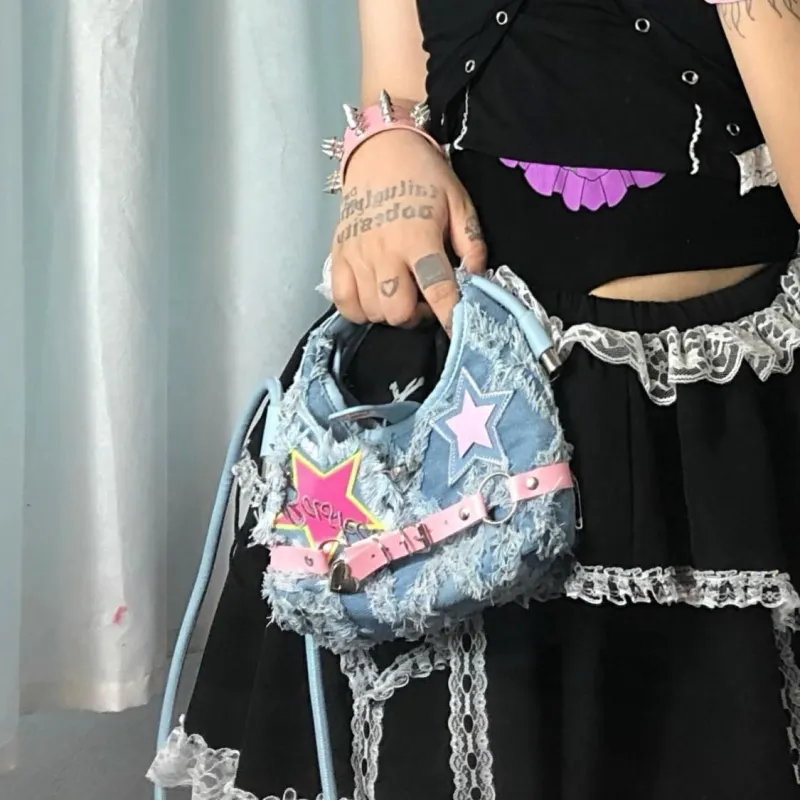 Worm's Home Denim Crossbody Bags Handbags Regular Women's Blue-3