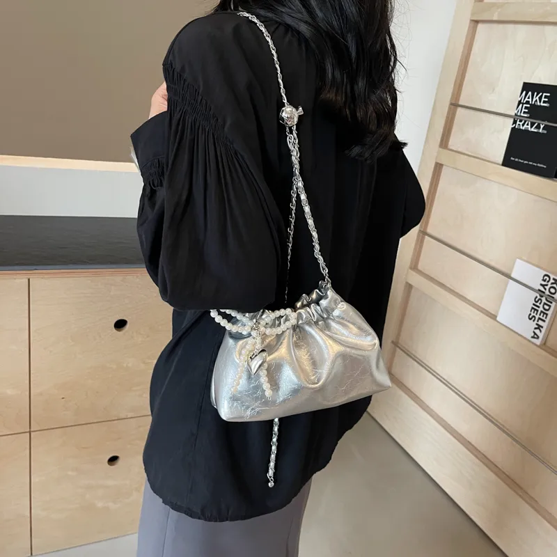 Worm's Home PU Shoulder Bag, Crossbody Bag Women's White/Silver/Black-9