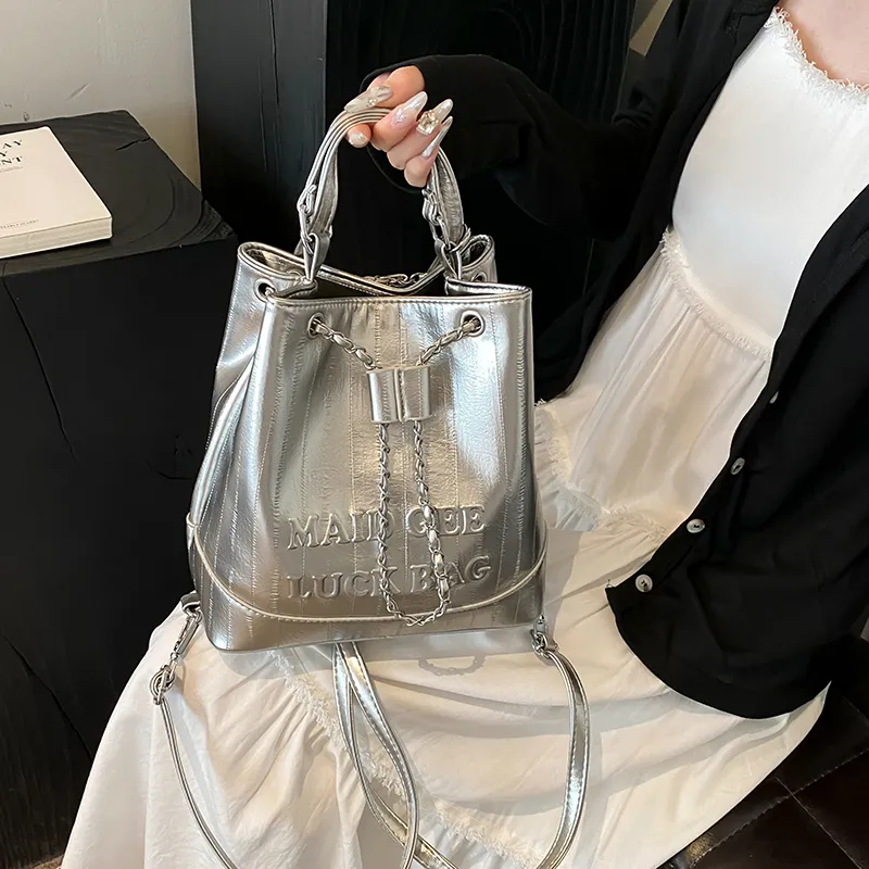Worm's Home PU One Shoulder Crossbody Backpack Handbag Regular Women's White/Silver/Black-13