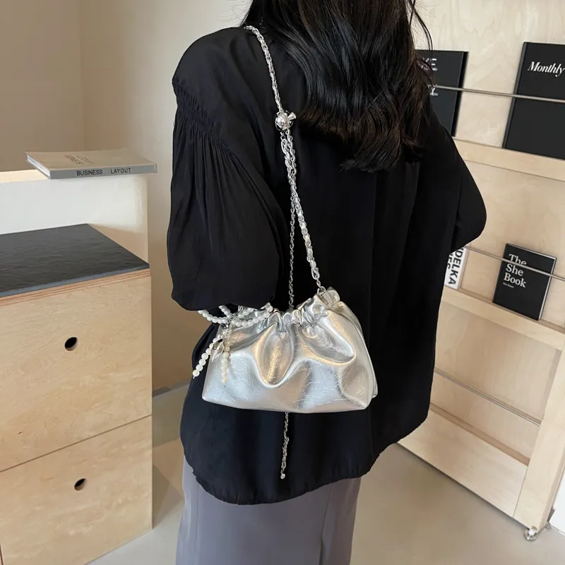 Worm's Home PU Shoulder Bag, Crossbody Bag Women's White/Silver/Black-8