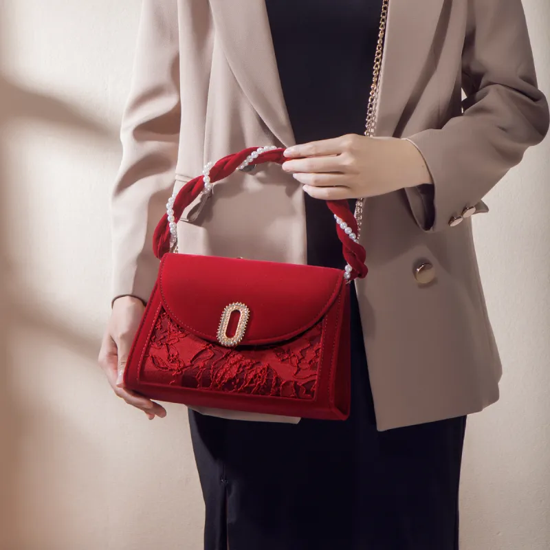 Worm's Home Velour Handbags Shoulder Bag Crossbody Bag Women's Red-3
