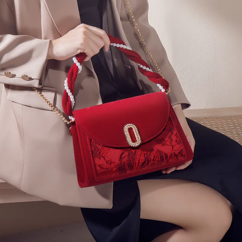 Worm's Home Velour Handbags Shoulder Bag Crossbody Bag Women's Red-2