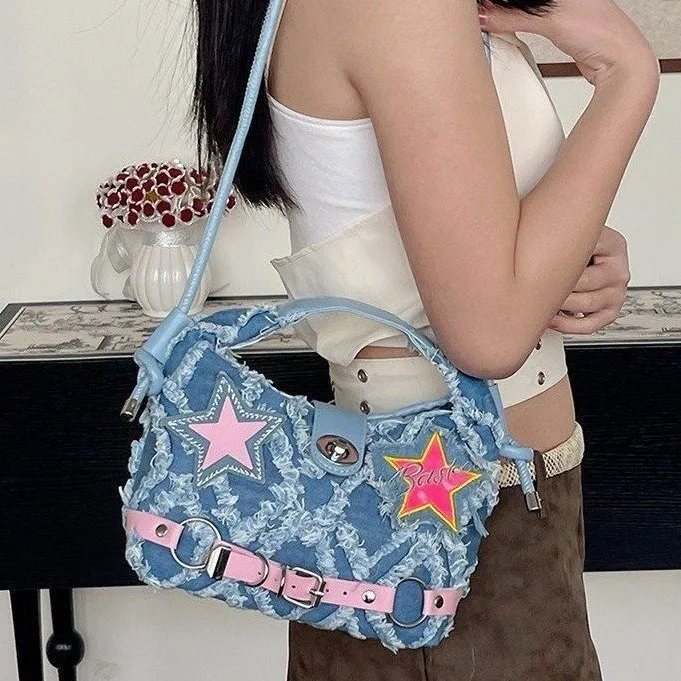 Worm's Home Denim Crossbody Bags Handbags Regular Women's Blue-5