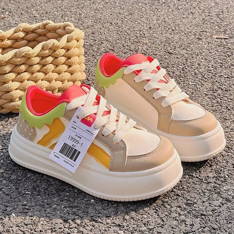 BINGO DUCK Low Top Skateboard Shoes Women's Hamburger Khaki-9