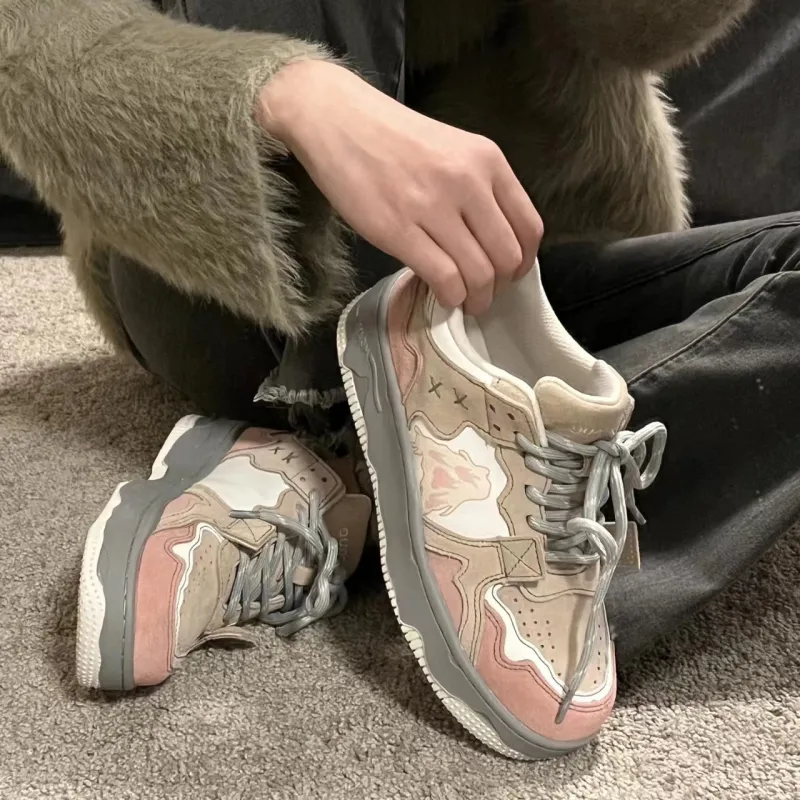 BINGO DUCK Low Top Skateboard Shoes Women's Gray Pink-6