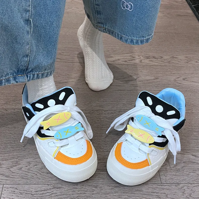 BINGO DUCK Slip Resistant Low Top Skateboard Shoes Women's Black White Orange-2