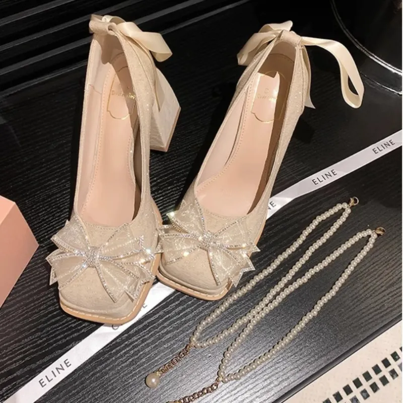 BINGO DUCK Chunky Heel High Heels Women's Apricot-4