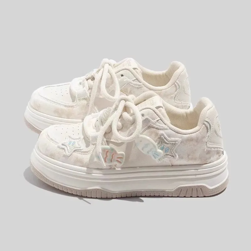 BINGO DUCK Slip Resistant Low Top Skateboard Shoes Women's Ecru-3