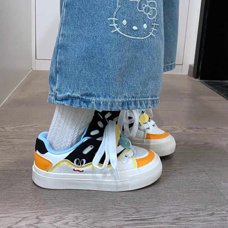 BINGO DUCK Slip Resistant Low Top Skateboard Shoes Women's Black White Orange-8