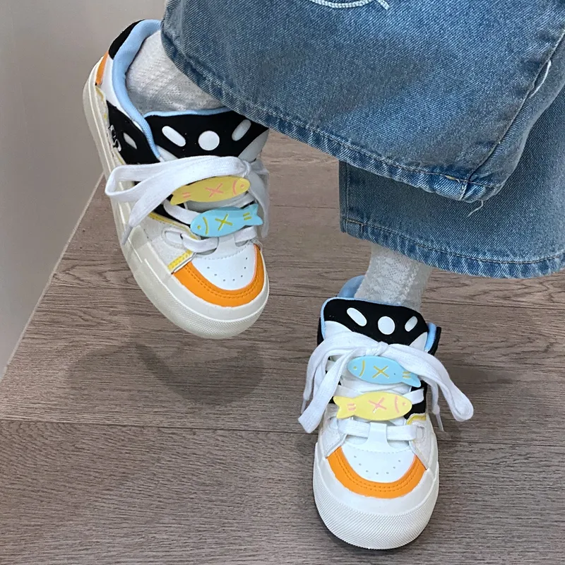 BINGO DUCK Slip Resistant Low Top Skateboard Shoes Women's Black White Orange-1