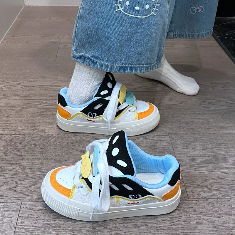 BINGO DUCK Slip Resistant Low Top Skateboard Shoes Women's Black White Orange-3