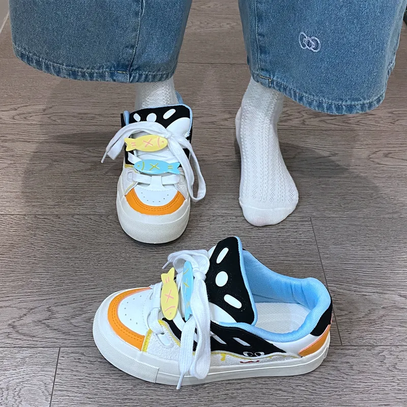 BINGO DUCK Slip Resistant Low Top Skateboard Shoes Women's Black White Orange-11