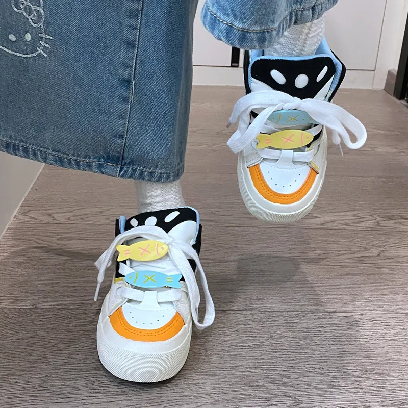 BINGO DUCK Slip Resistant Low Top Skateboard Shoes Women's Black White Orange-9