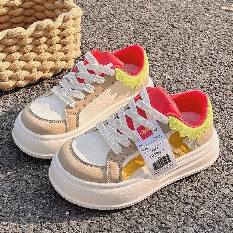BINGO DUCK Low Top Skateboard Shoes Women's Hamburger Khaki-4
