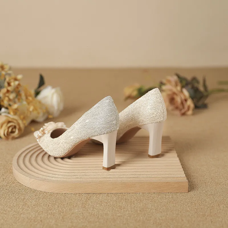 BINGO DUCK Chunky Heel High Heels Women's White-3