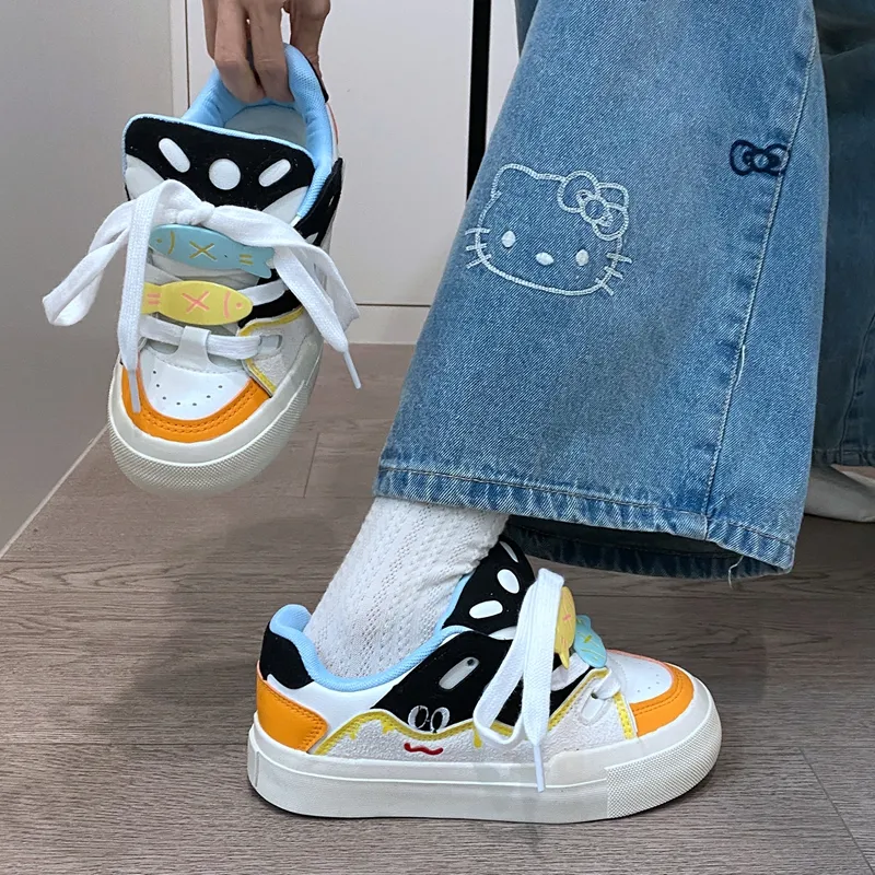 BINGO DUCK Slip Resistant Low Top Skateboard Shoes Women's Black White Orange-4