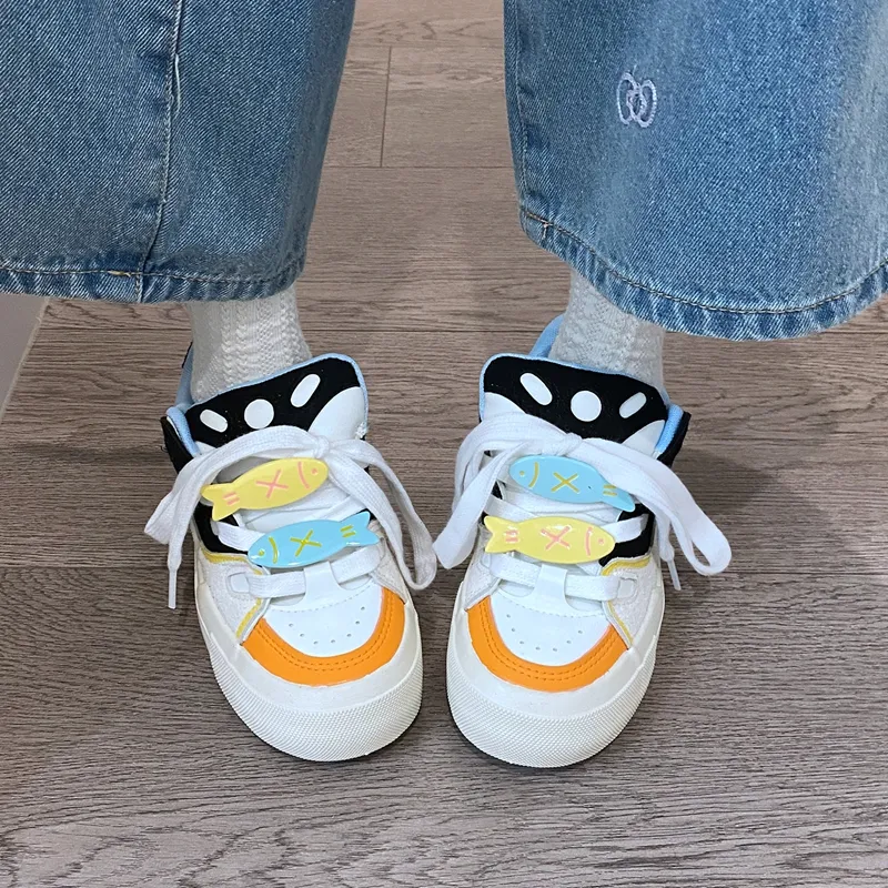 BINGO DUCK Slip Resistant Low Top Skateboard Shoes Women's Black White Orange-7