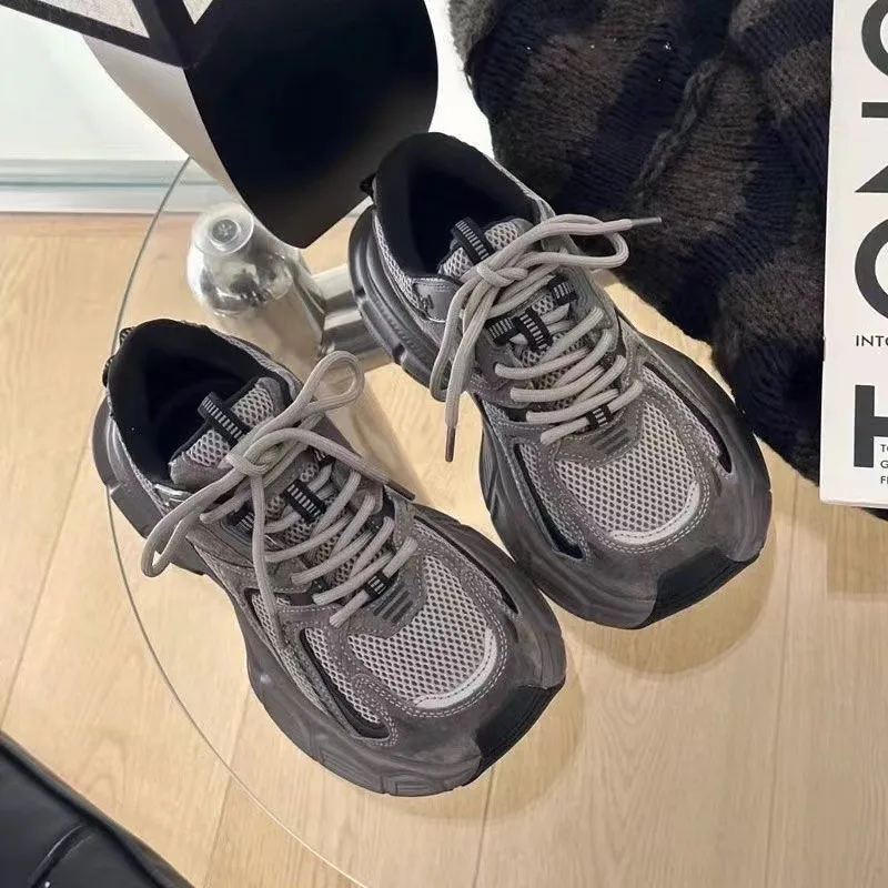 BINGO DUCK Slip Resistant And Breathable Low Top Chunky Sneakers Women's Gray-5