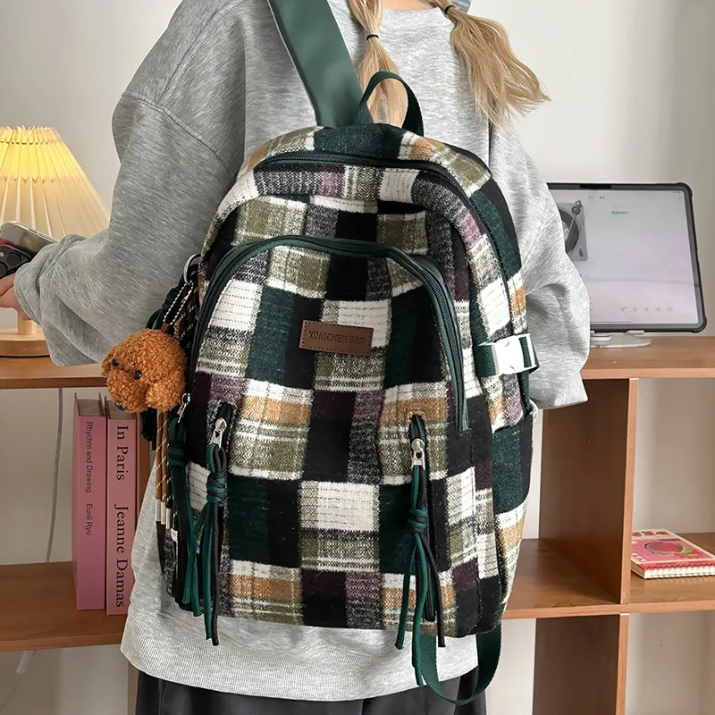 Alcohol Dragon Nylon Backpack Unisex Yellow Plaid/Green Plaid/Red Plaid-13